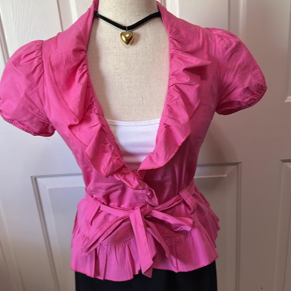 Natali | Short Sleeve Ruffled Blazer Blouse Top | Color: pink | Size: Small